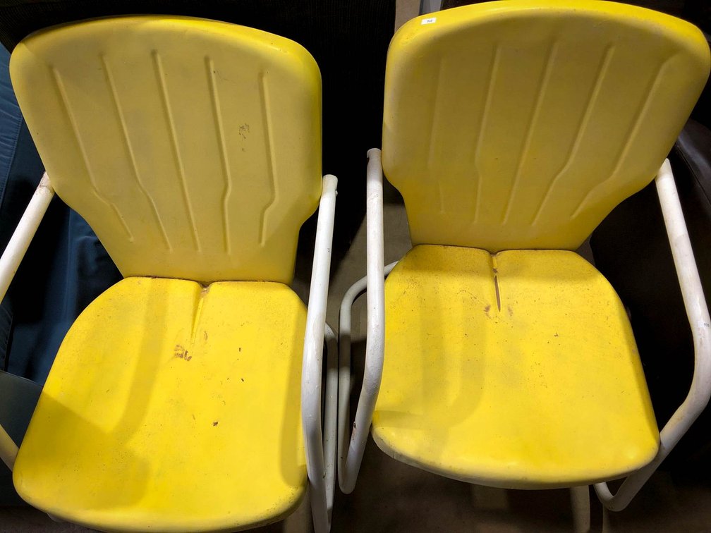 Vintage Yellow Metal Patio Chairs with White Frames