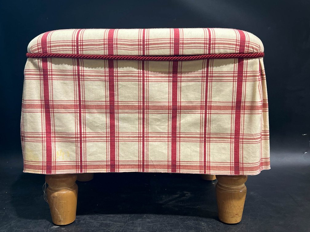 Plaid Upholstered Ottoman with Wooden Legs, 17”x19”