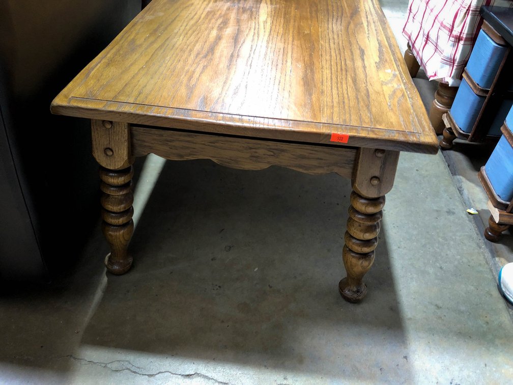 Rectangular Oak Coffee Table with Turned Legs, L 4 ft W 20 in H 15 in