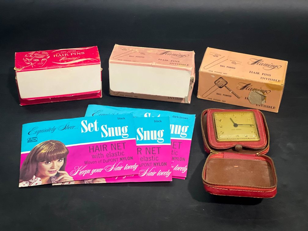 Vintage Hair Styling Items and Travel Clock