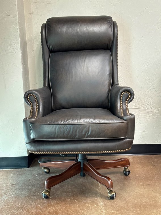 Brown Leather Executive Office Chair with Nailhead Trim and Wood Base