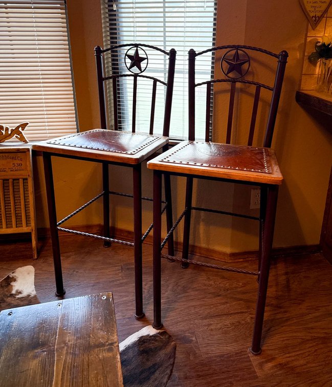 Two Bar Height Stools with Star Motif and Leather Seats