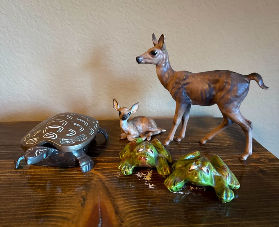 Metal Turtle Trinket Box, Ceramic Deer Figures, and Green Frog Sculptures
