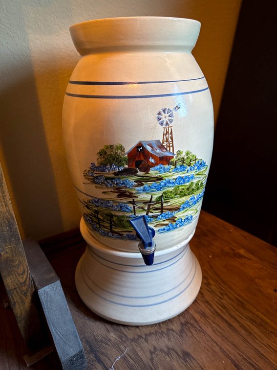 20-Inch Crock Dispenser With Hand-Painted Farm Scene and Spigot
