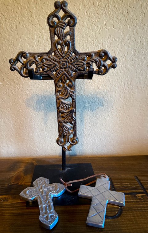 Cast Iron Cross with Stand and Two Aluminum Crosses