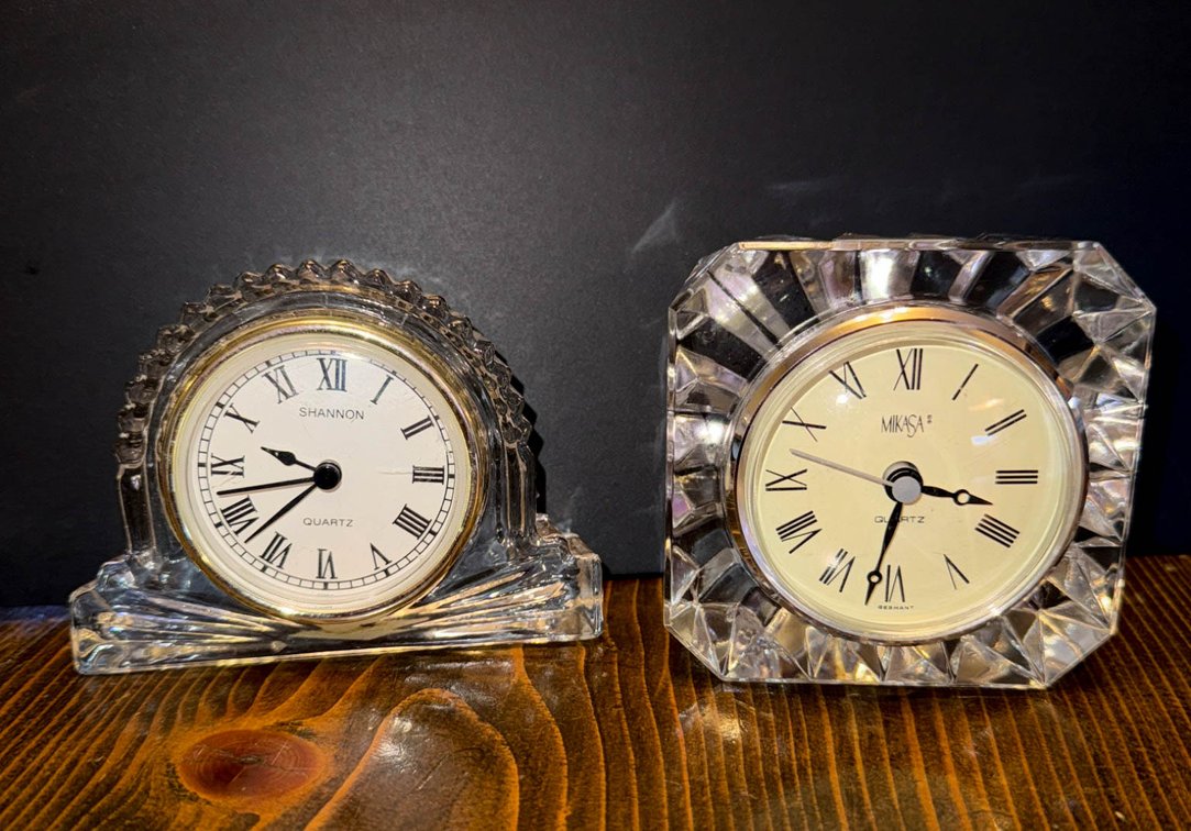 Two Crystal Desk Clocks by Shannon and Mikasa
