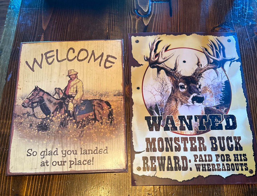 Two Rustic Metal Signs: Welcome 10×14 and Wanted 11×16