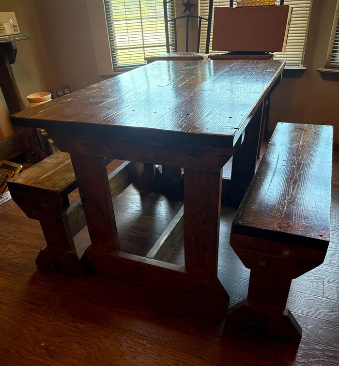 Rustic Wooden Dining Table with Two Benches