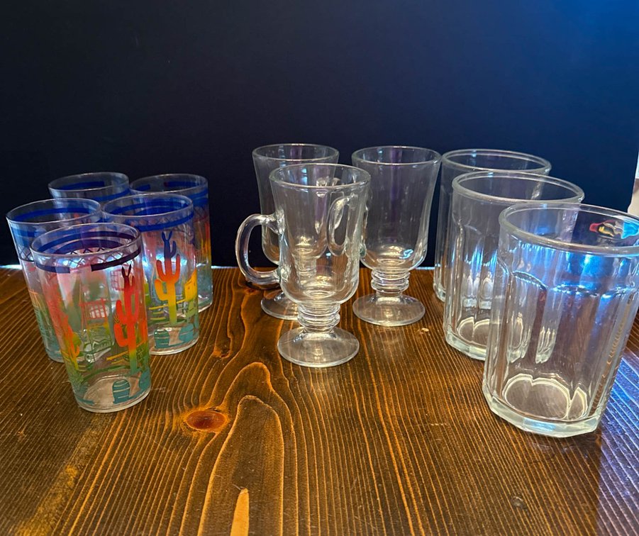 Drinking Glasses Including Cactus-Themed, Footed Mugs, and Ribbed Tumblers
