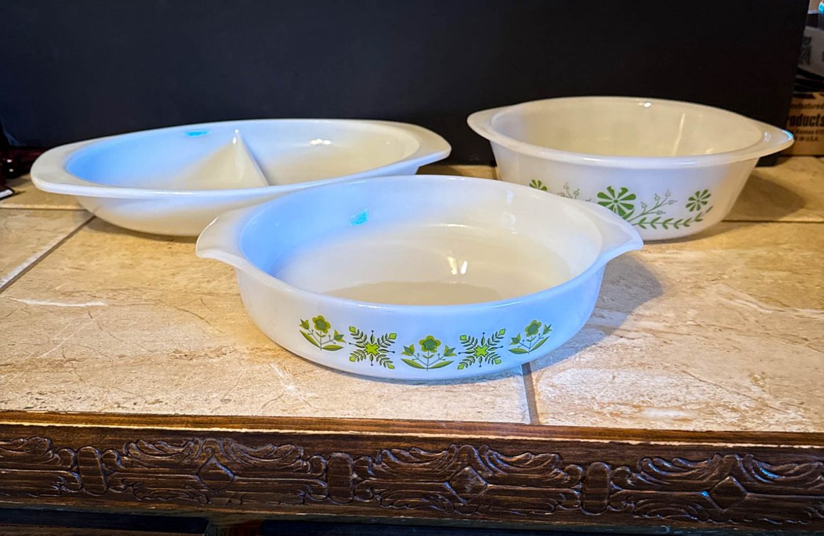 Pyrex Divided Dish and Two Others with Green Floral Patterns