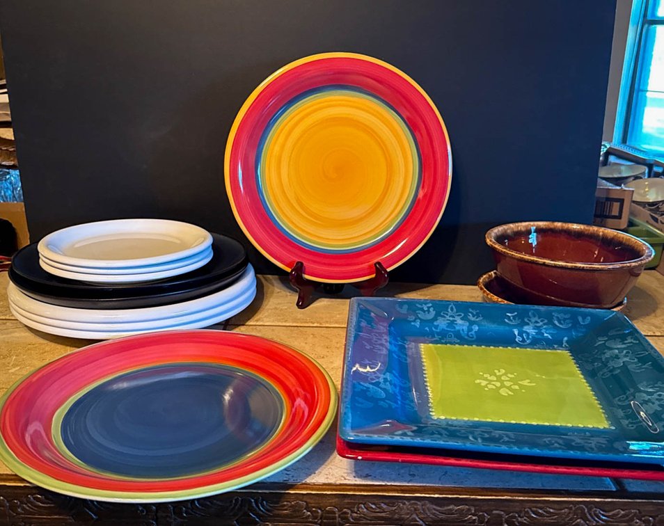 Dinnerware Including Colorful Plates, Square Platter, and Brown Corning USA Pieces