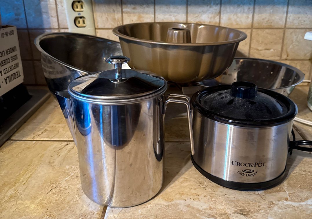 Kitchen Tools Set Including Crock-Pot Warmer, Stainless Steel Bowls, and Percolator