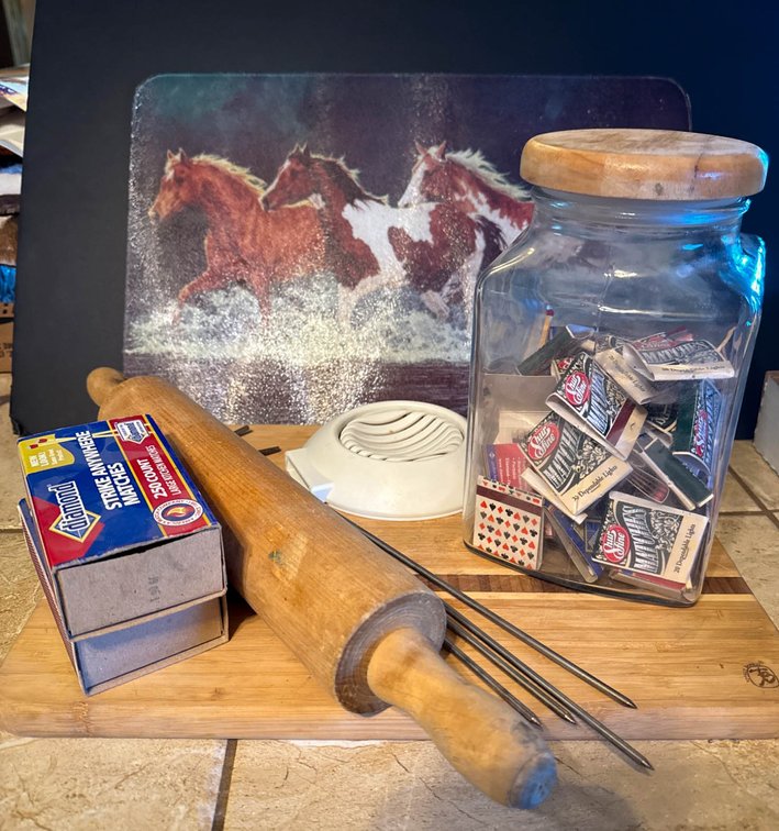 Kitchen and Decorative Items with Wooden Rolling Pin, Glass Jar, and 2 Cutting Boards