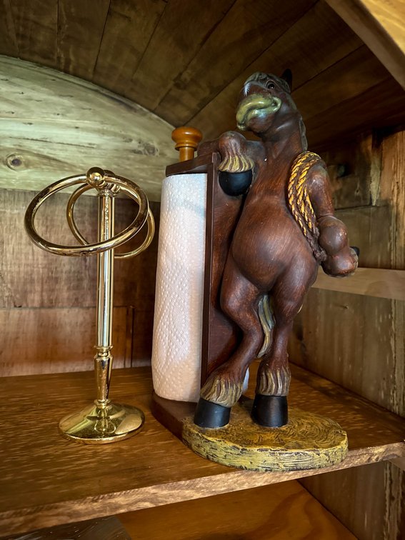 Wooden Horse-Themed Paper Towel Holder with Brass Ring Holder