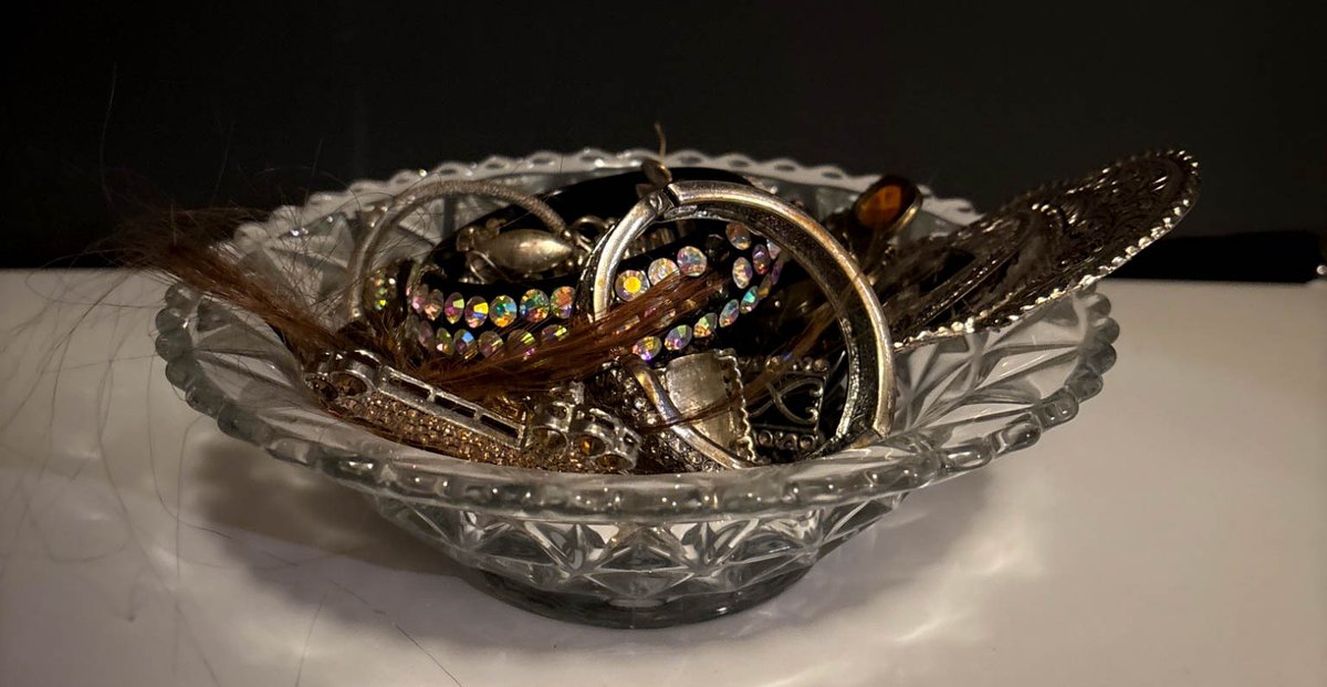 Glass Dish With Assorted Broken and Mis-Matched Costume Jewelry and Accessories