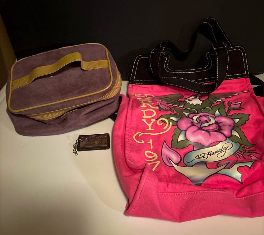 Ed Hardy Canvas Tote Bag and Purple Makeup Bag Set