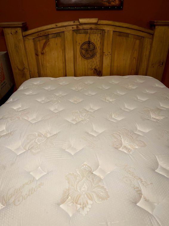 Rustic Wooden Queen Bed Frame with Star Detail and Mattress