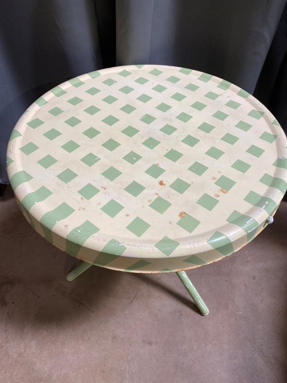 Round Metal Table With Green and White Checkered Top