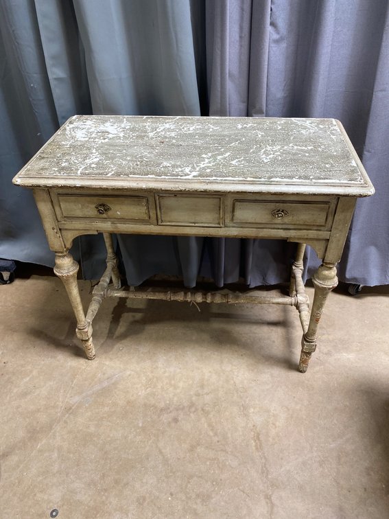 Distressed Wooden Table with Drawer Storage and Turned Legs