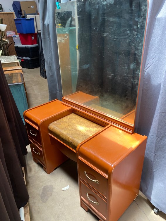 Mid-Century Wooden Vanity with Mirror and Storage