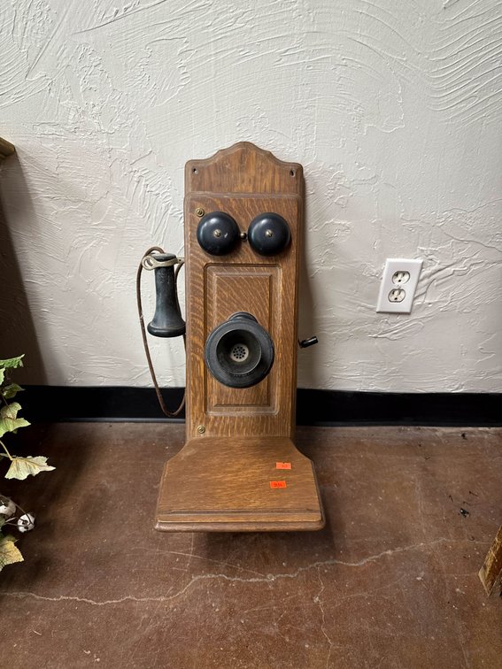 Wooden Wall-Mount Crank Telephone with Metal Mouthpiece and Receiver