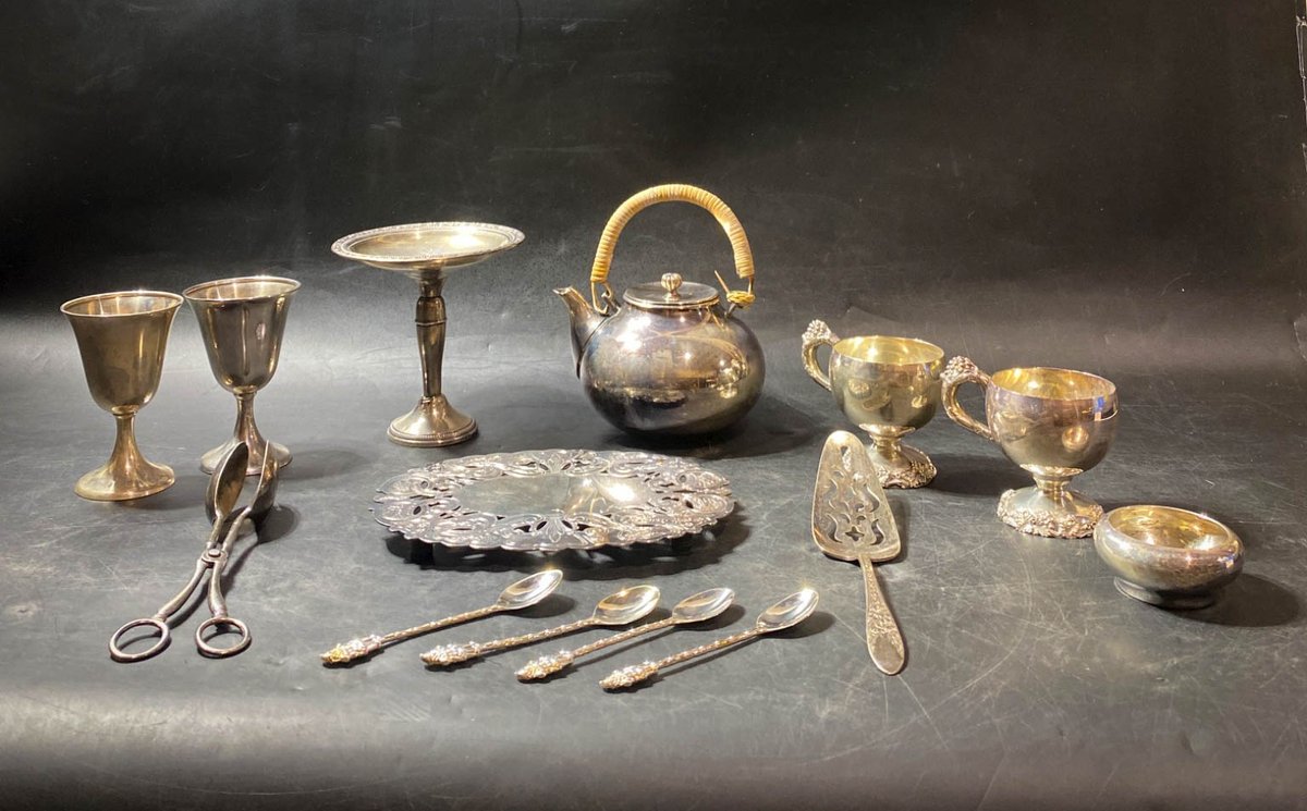 Silverplate Tableware Including Tea Kettle, Goblets, and Serving Utensils