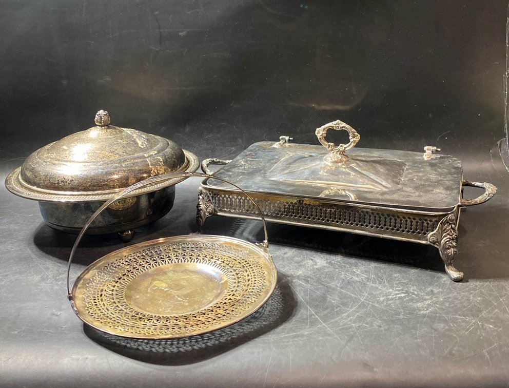 Silver-Plated Serving Pieces Including Chafing Dish, Tureen, and Basket