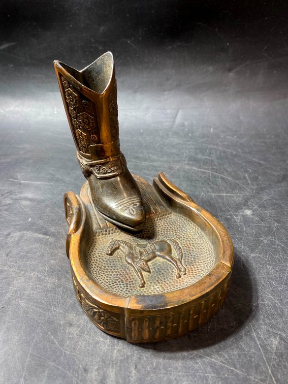 Bronze Western-Themed Cowboy Boot and Horse Ashtray