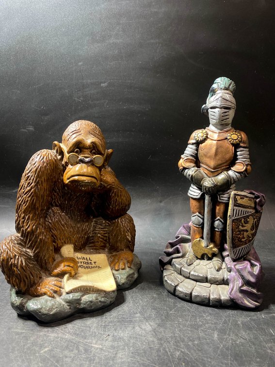 Figurines: Gorilla with ‘Wall Street Journal’ and Armored Knight