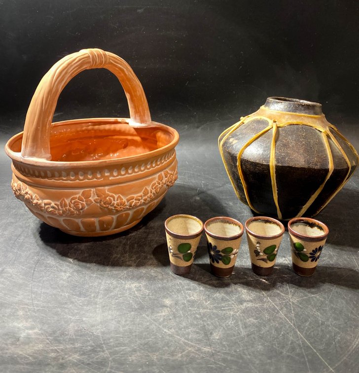 Pottery Items: Basket, Vase, and 4 Cup Set