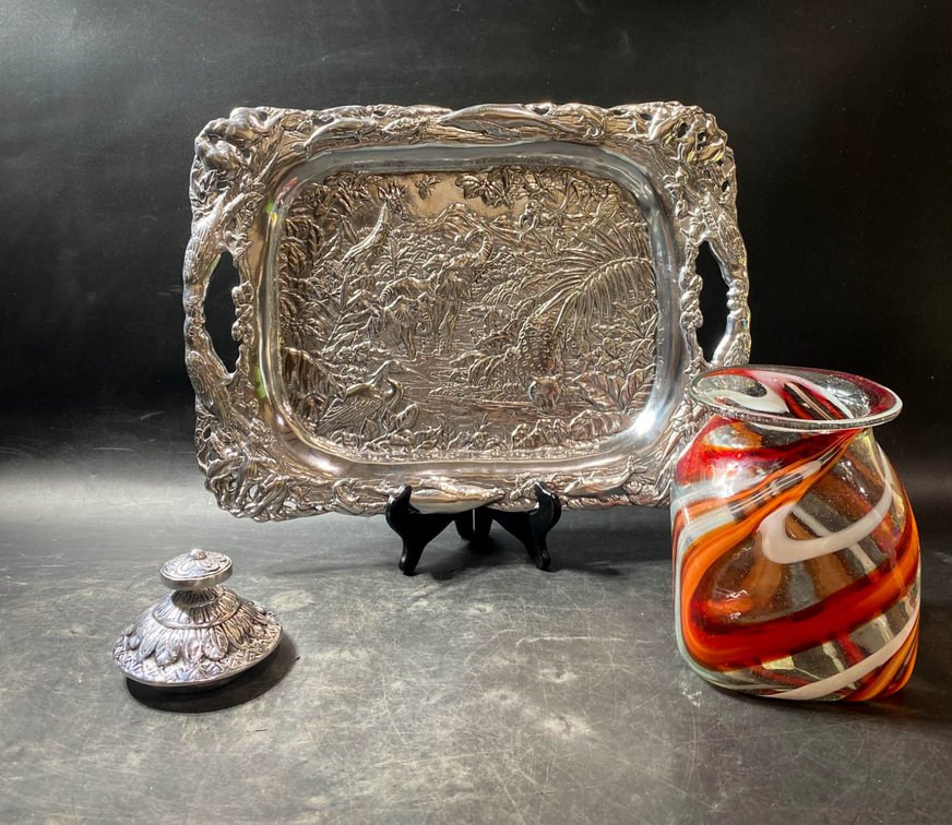 Mexican Silver Tray, Decorative Lid, and Swirled Glass Vase Set