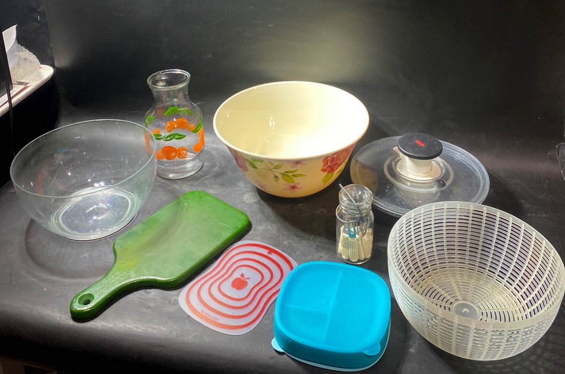 Kitchenware Including Bowls, Glass Carafe, and Accessories