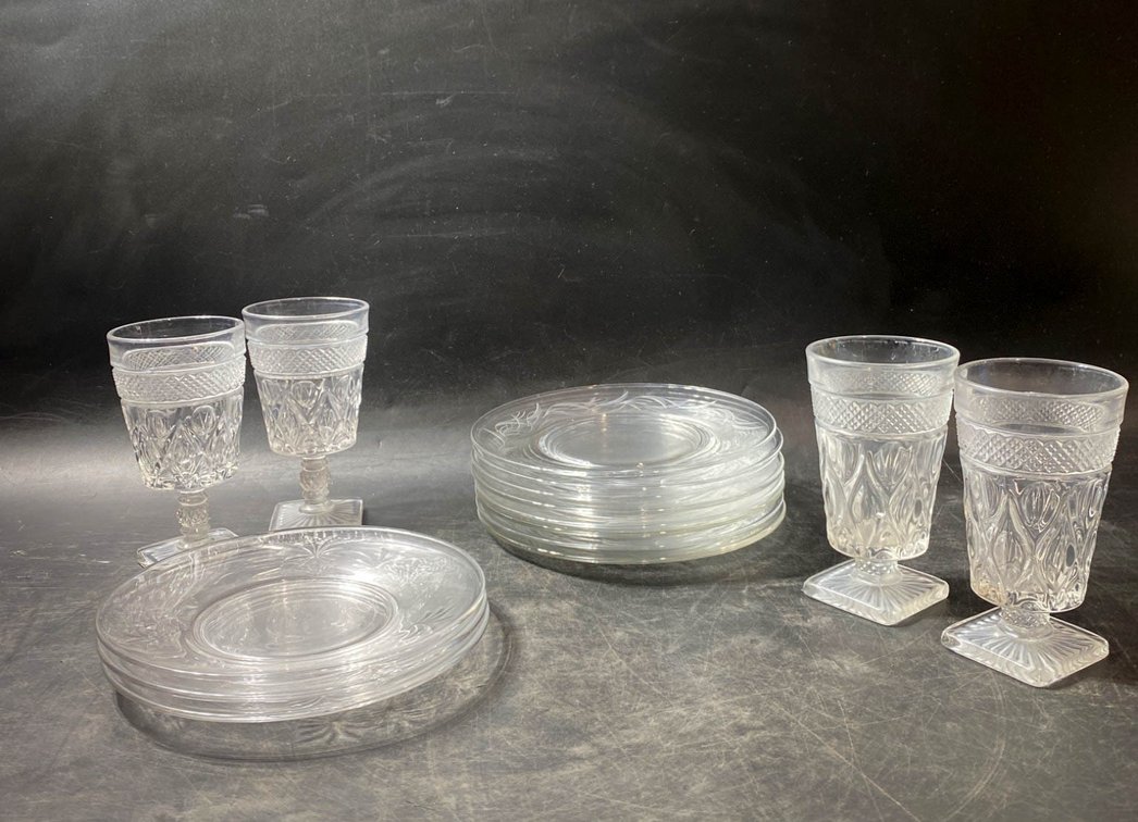 Clear Glass Plates and Goblets with Etched and Pressed Designs