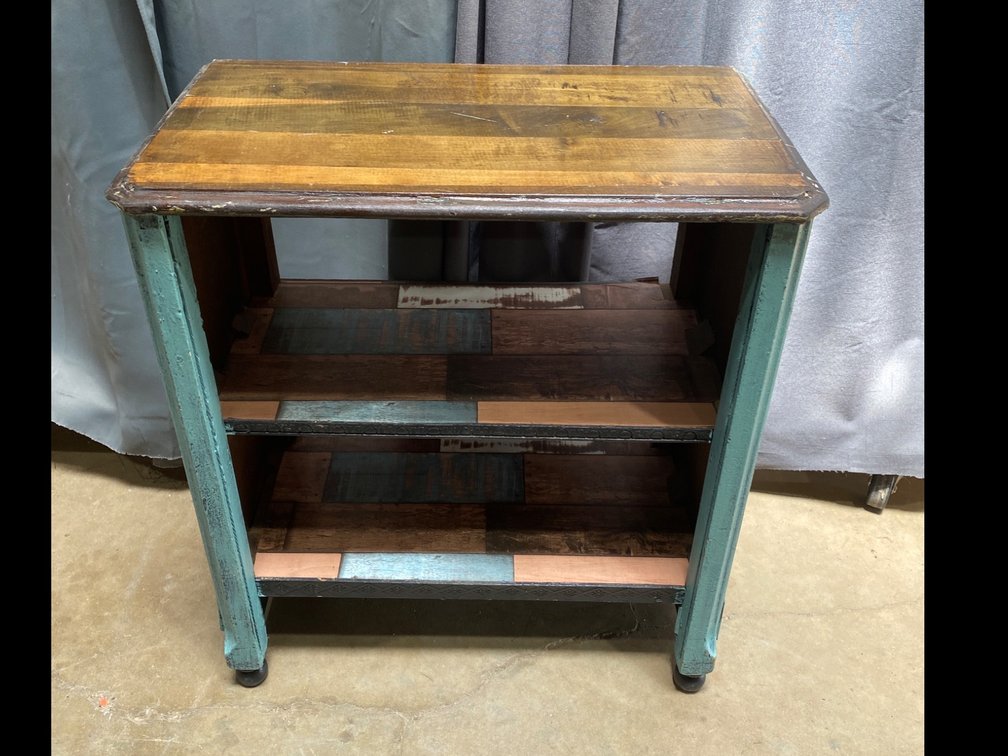 Rustic Wooden Side Table with Painted Shelves and Blue Frame