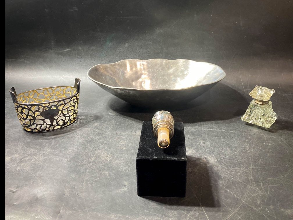 Decorative Silver and Glass Items, Including Bowl, Bottle, and Stopper
