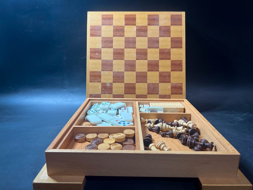 Wooden Multi-Game Board with Chess, Checkers, Dominoes, and Cribbage