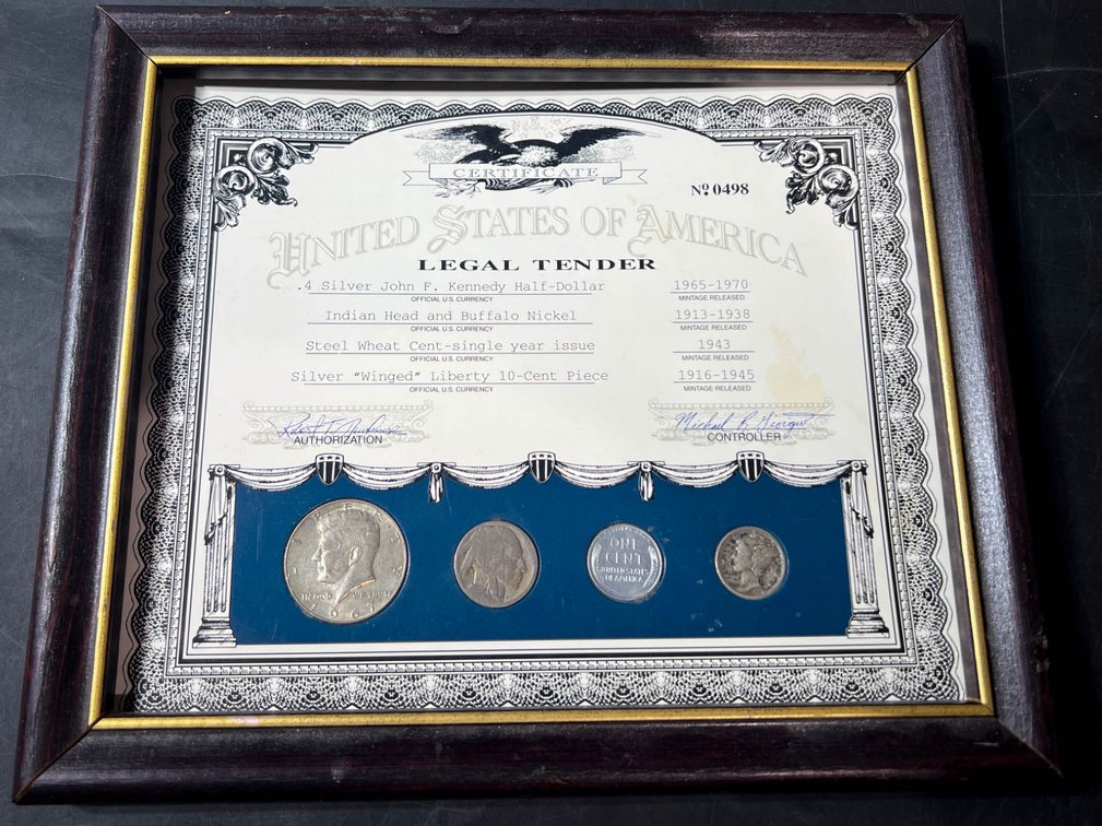 Framed U.S. Legal Tender Certificate with Four Coins
