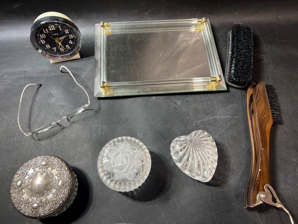 Decorative Glass Items, Clock, Brush, and Magnifying Glass