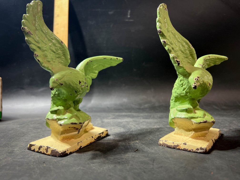 Green Painted Cast Iron Parrot Bookends
