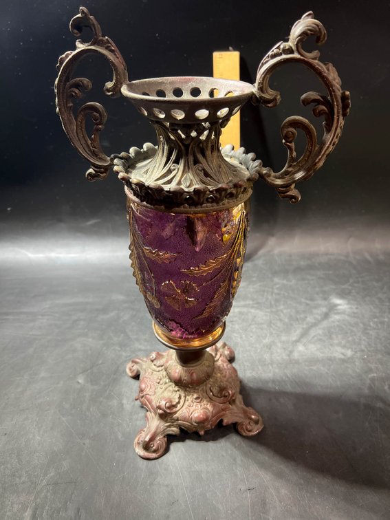 Ornate Victorian-Style Metal and Glass Vase with Scroll Handles