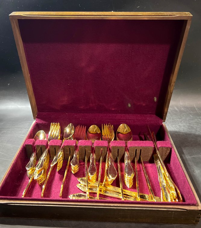 Gold-Plated Japan Flatware Set with Wooden Case