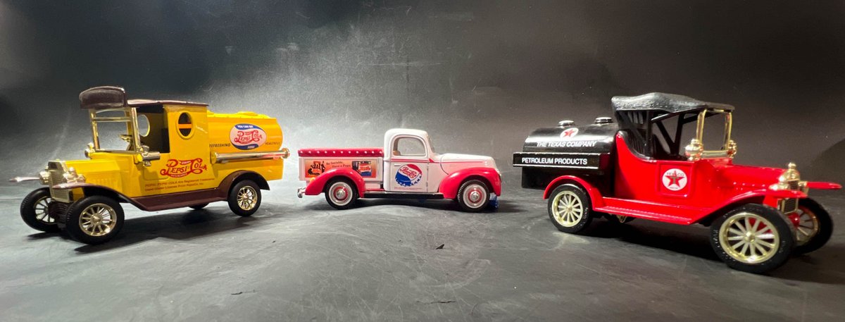 3 Collectible Die-Cast Model Vehicles with Vintage Gasoline Advertisements