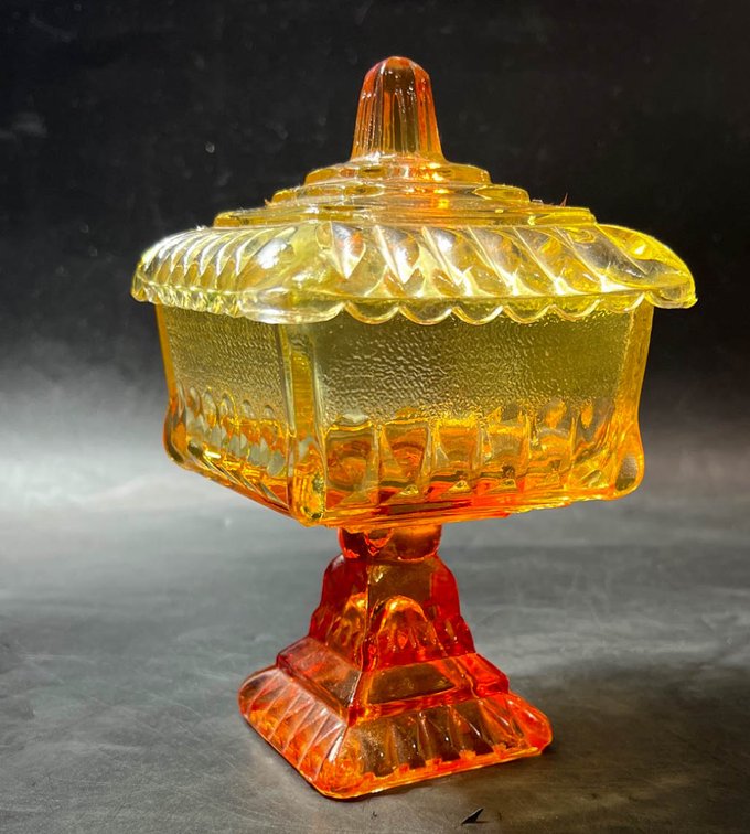Amberina Glass Lidded Candy Dish with Pedestal Base