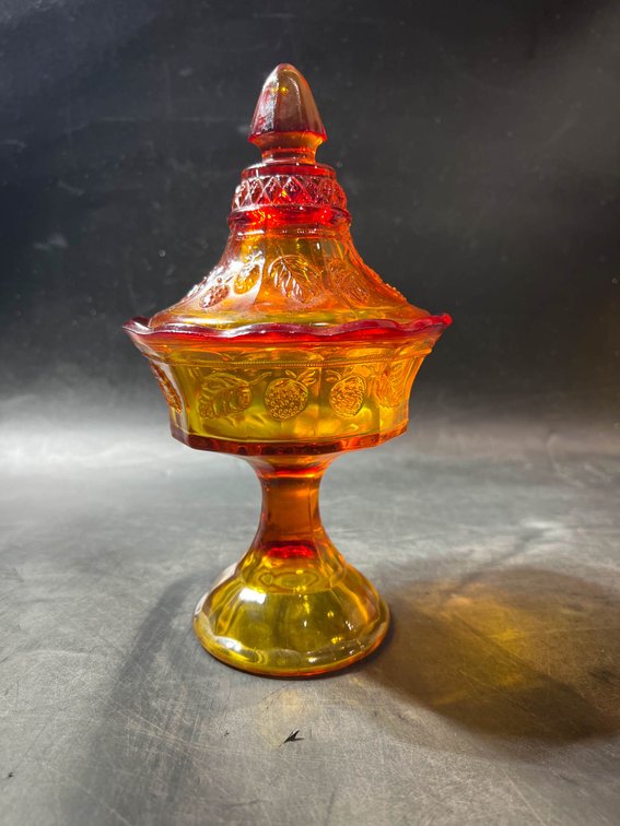 Amberina Glass Compote with Lid Featuring Patterned Details