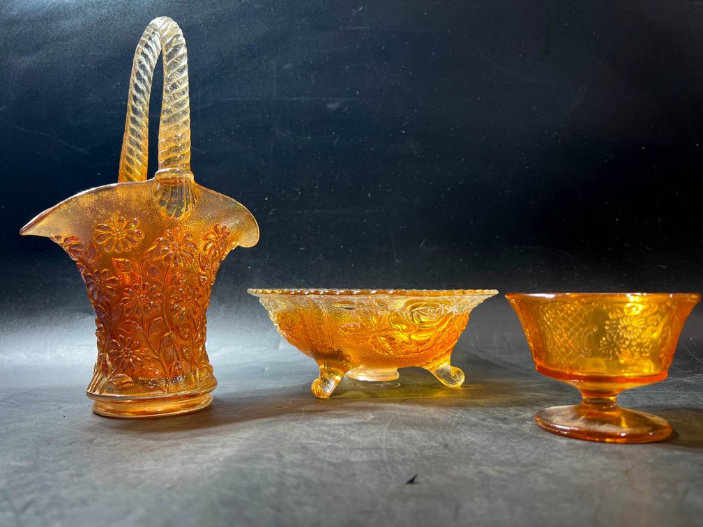 Amber-Colored Glass Lot Featuring Basket, Footed Dish, and Goblet