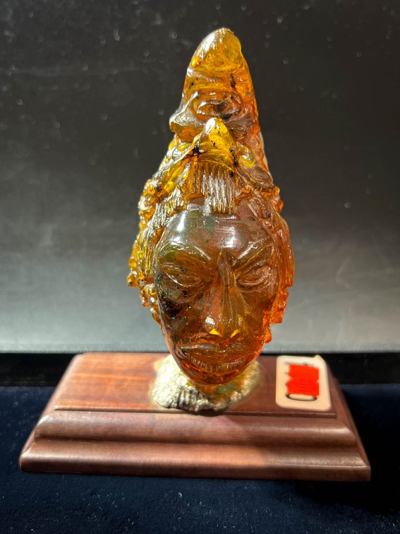 Amber Resin Sculpture of African-Inspired Head with Wooden Base