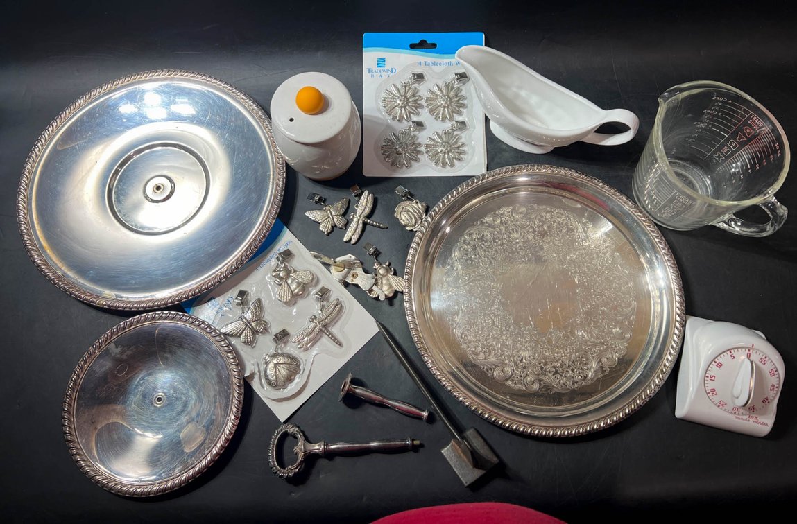 Silver-Plated Trays, Assorted Home Accessories, and Kitchen Items