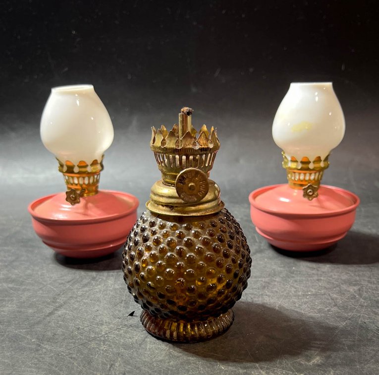 Three Miniature Oil Lamps with Hobnail Glass and Metal Components