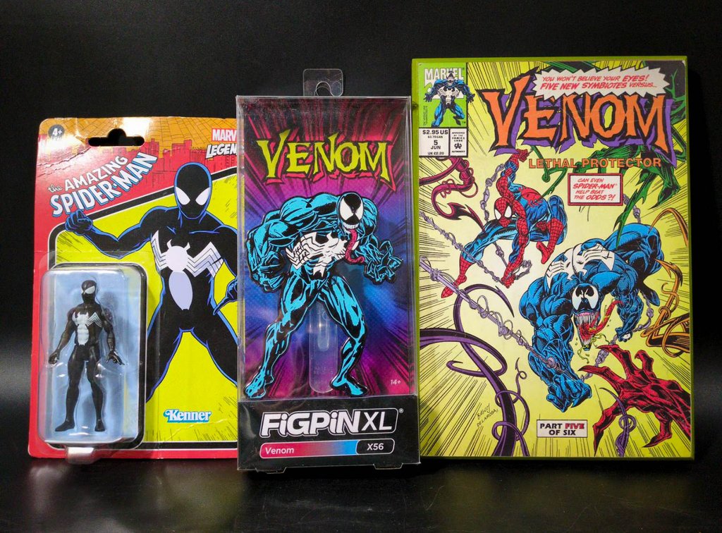 Venom Collectibles Lot: Framed Comic Cover, FiGPiN XL, and Marvel Legends Figure