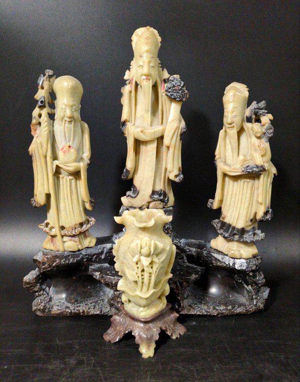 Three Carved Soapstone Figures with Base and Soapstone Vase